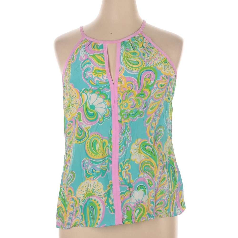 Lilly Pulitzer Aqua Teal Pink Green Paisley Halter Neck Blouse
